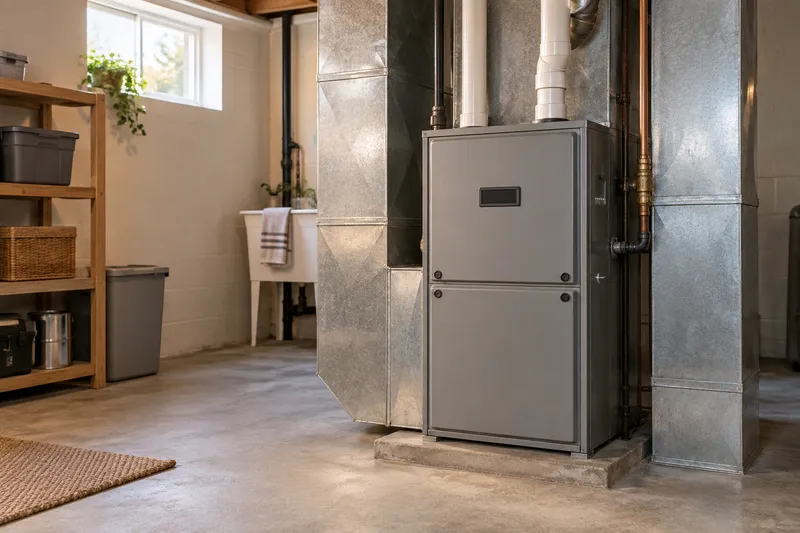 Illustration of a residential furnace in a bright basement utility room